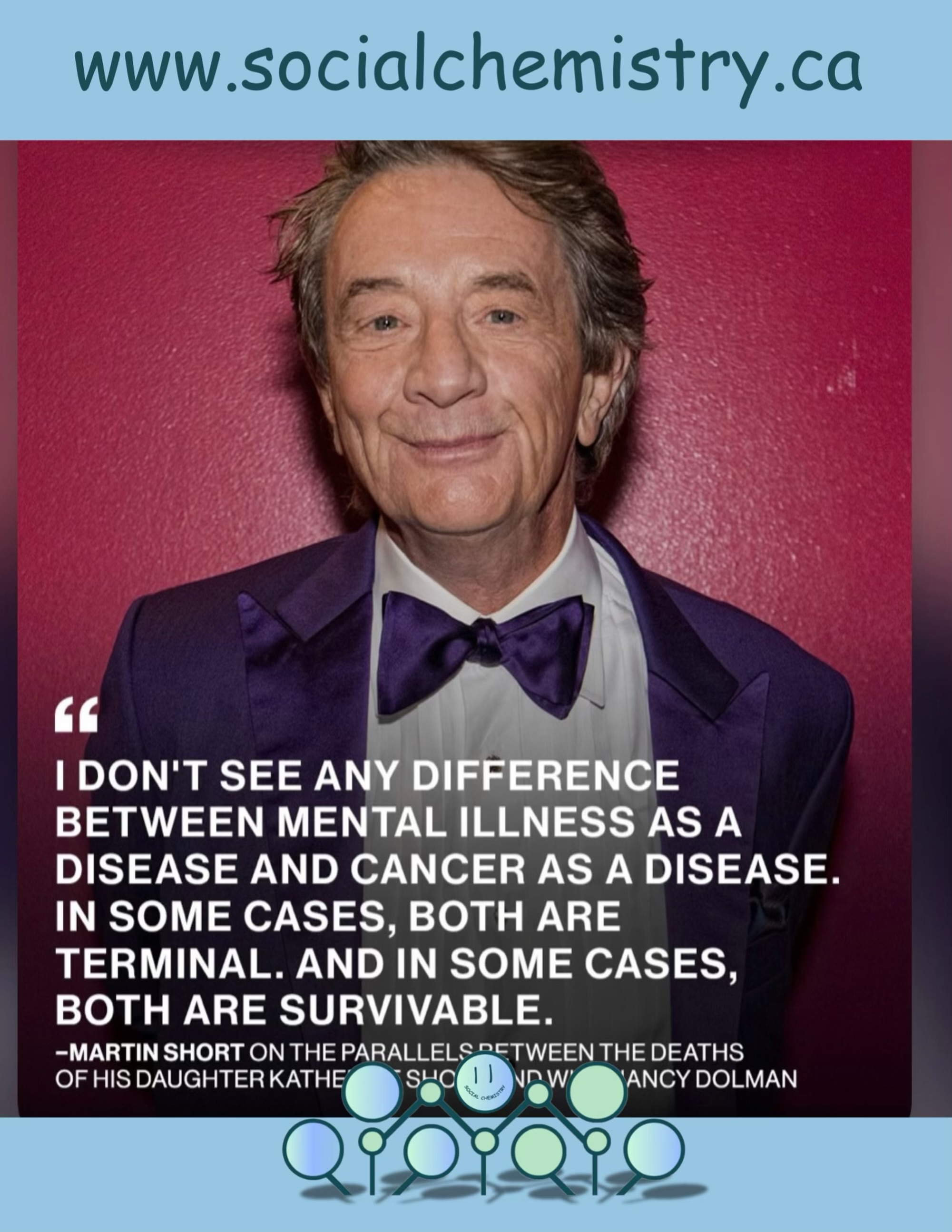 Mental health deserves the same compassion, understanding, and seriousness that we give to physical illness.

As actor Martin Short once said:

“I don’t see any difference between mental illness as a disease and cancer as a disease. In some cases, both are terminal. And in some cases, both are survivable.”

These words remind us that mental illness is not a weakness, a character flaw, or something people can simply “snap out of.” It is a real health condition that affects millions of people every day.

Just as we rally around loved ones facing cancer, heart disease, or other physical illnesses, we can offer the same support to those struggling with depression, anxiety, PTSD, addiction, and other mental health challenges.

Recovery looks different for everyone.

Some journeys are long.

Some are complicated.

But hope, treatment, connection, and support can make a meaningful difference.

If someone in your life is struggling, your willingness to listen without judgment may be more powerful than you realize.

No one should have to face their battles alone.

Release. Reflect. Reconnect.

Visit SocialChemistry.ca to explore mental health resources, self-help tools, playlists, support options, and a community built on understanding and connection.

#MentalHealthAwareness #MentalHealthMatters #EndTheStigma #HealingJourney #socialchemistry